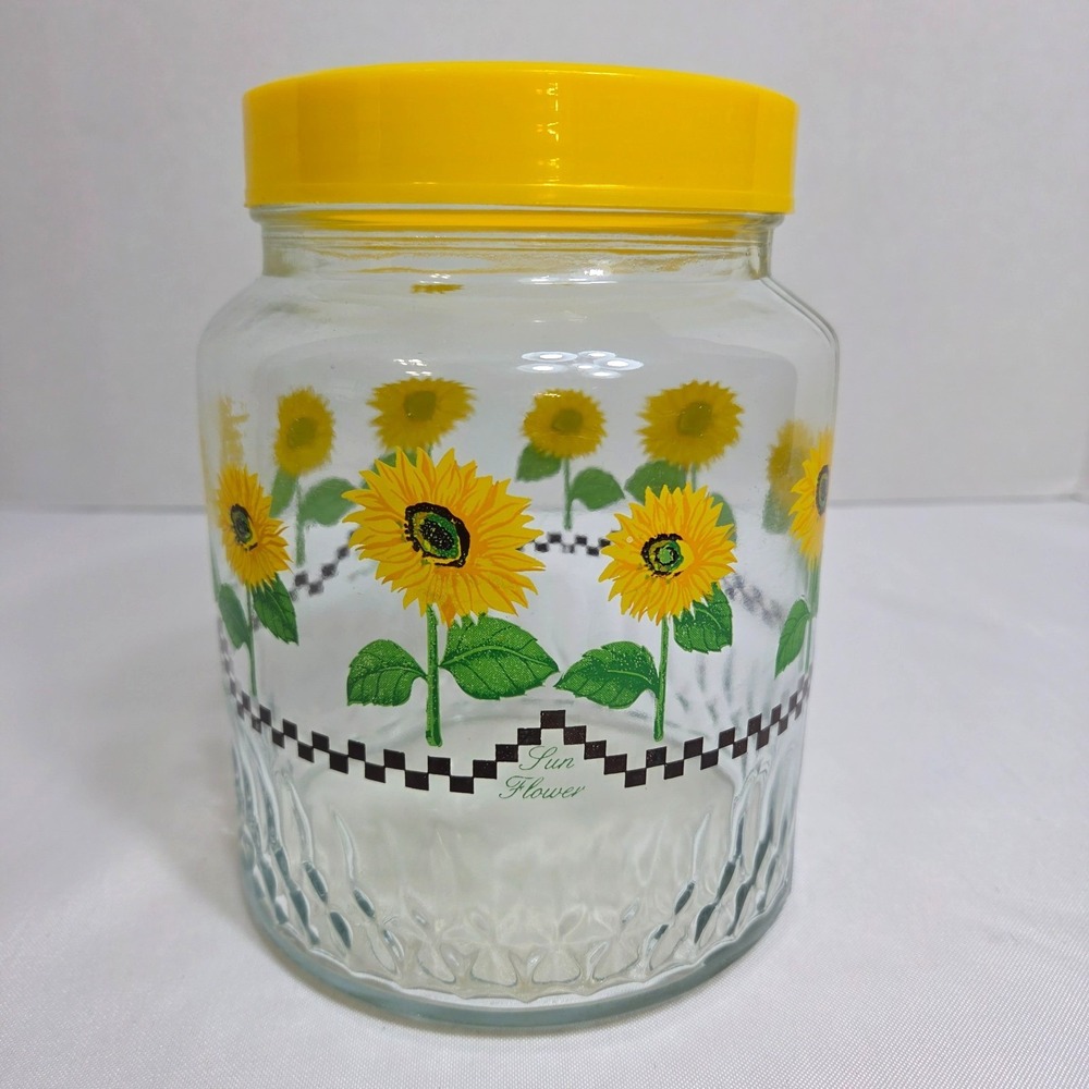 KIG Indonesia Sunflower Checkered Glass Canister 2qt